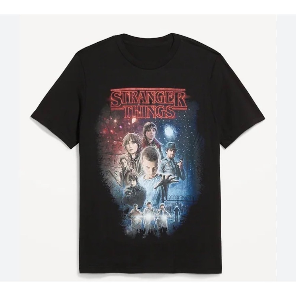 Netflix Stranger Things Mens Large Black Graphic T-Shirt Season 1 Cast Crew Neck